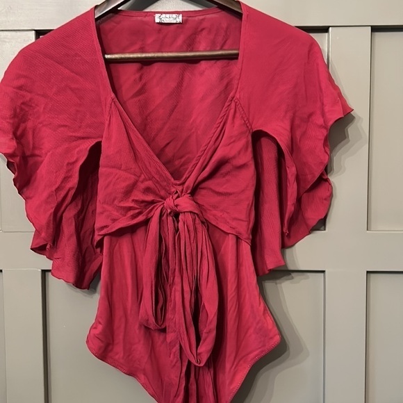 FREE People Intimately Watch Her Go Bodysuit Ruffle Tie Top in Glass Roses Red S - Picture 7 of 12